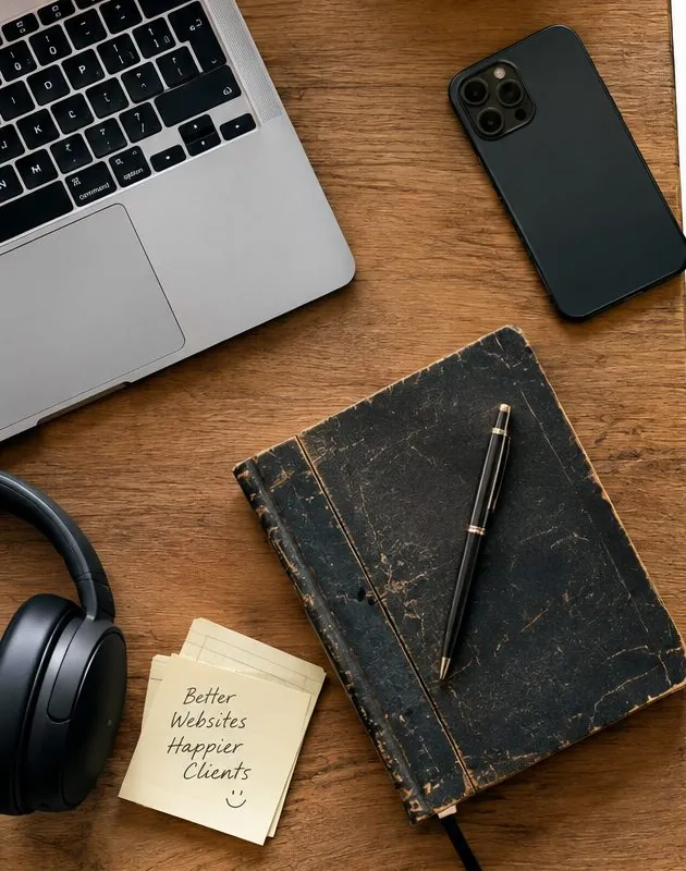 A timber desk with a laptop, a phone, headphones and a notebook, with a sticky note that reads Better Websites Happier Clients