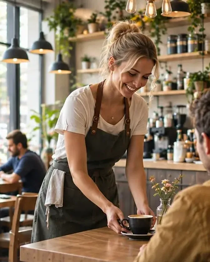 A cafe owner smiling as she serves a coffee to a customer