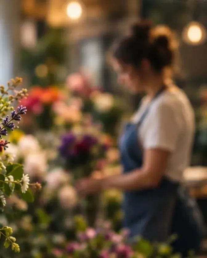 A florist arranging a bunch of flowers in her shop