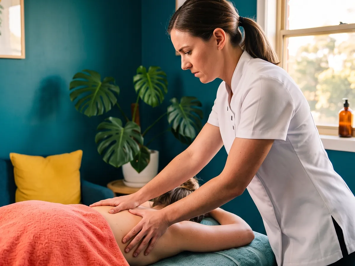 A friendly physiotherapist helping a smiling client with a shoulder stretch in a bright clinic