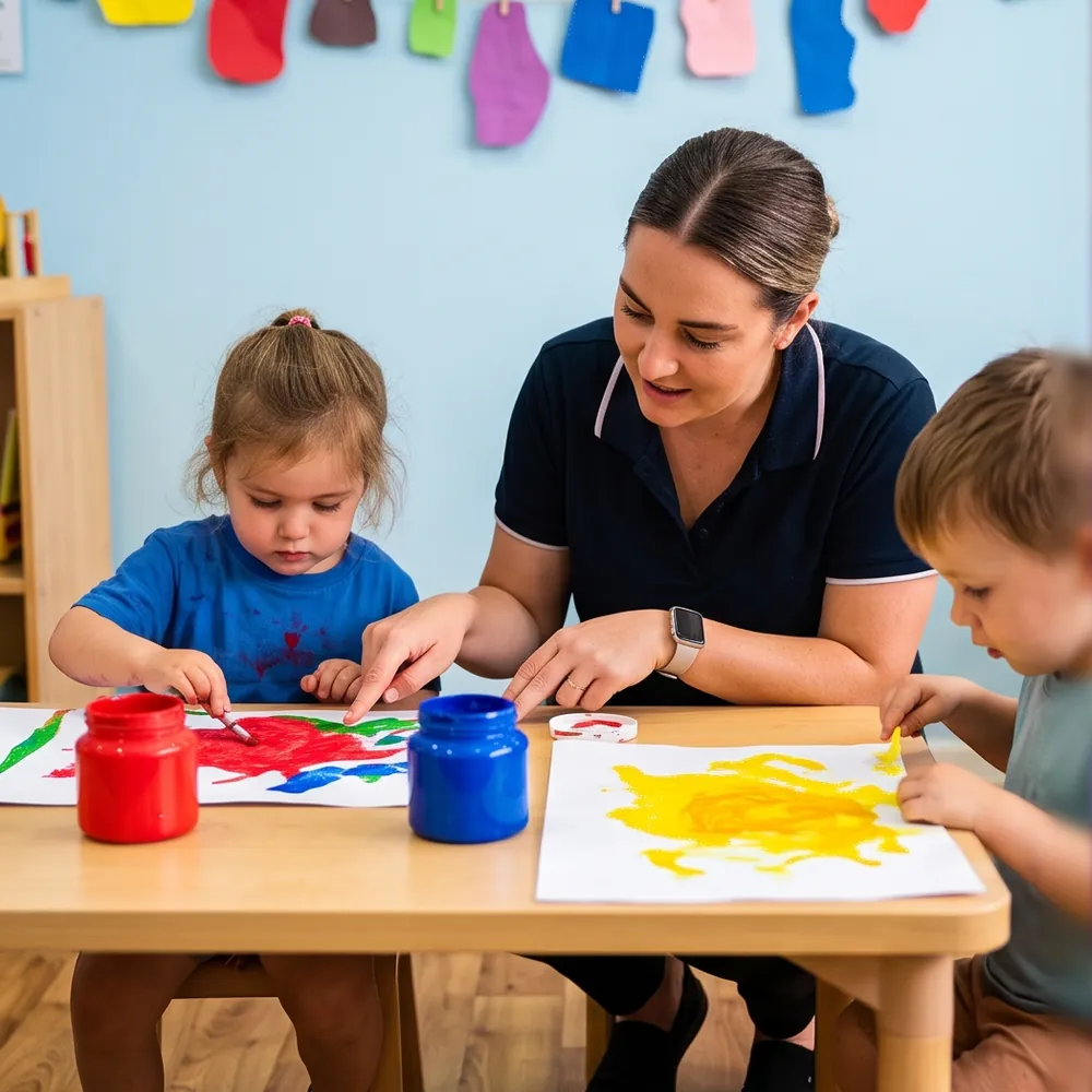 A teacher painting with two happy children at a low table in a community hall