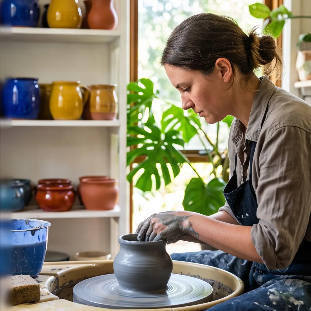 A potter and shop owner arranging handmade mugs on wooden shelves