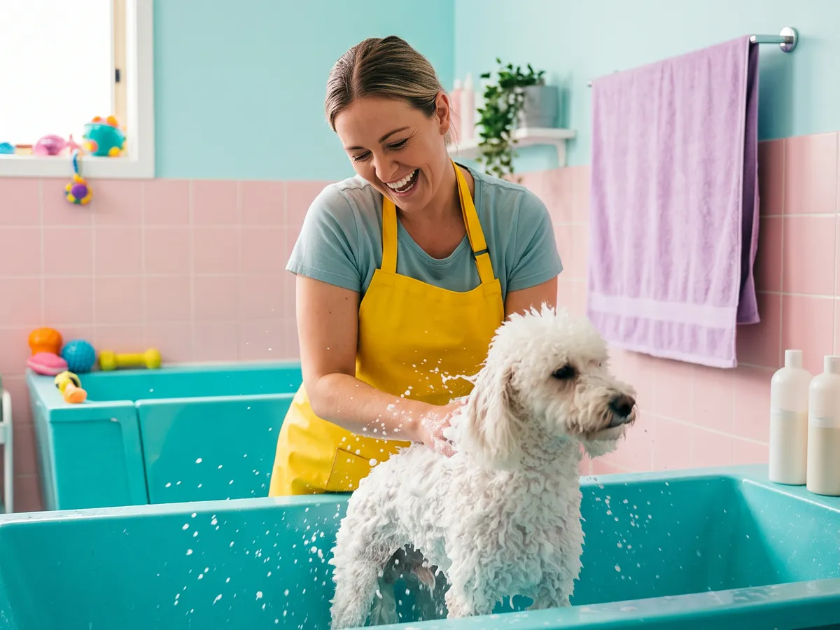 A dog groomer laughing as she dries a happy golden retriever