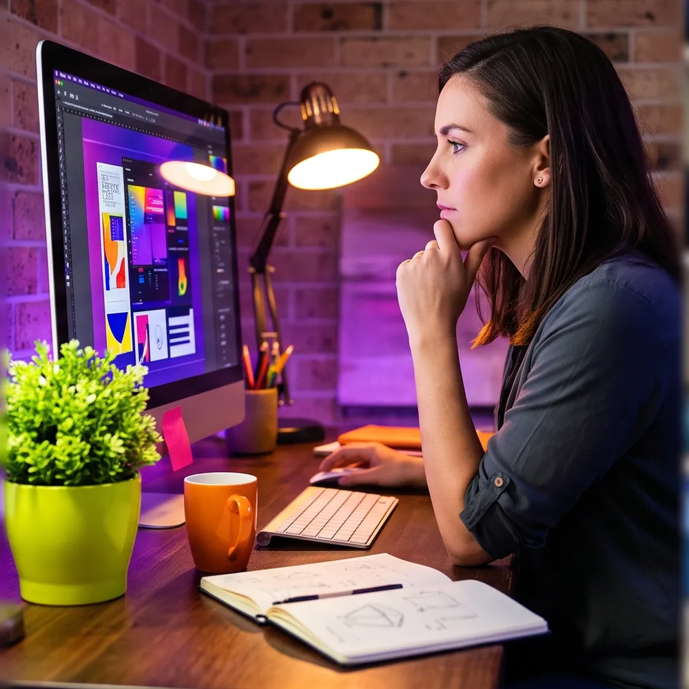 A designer working on a colourful website layout on her screen at a desk lit in violet and orange