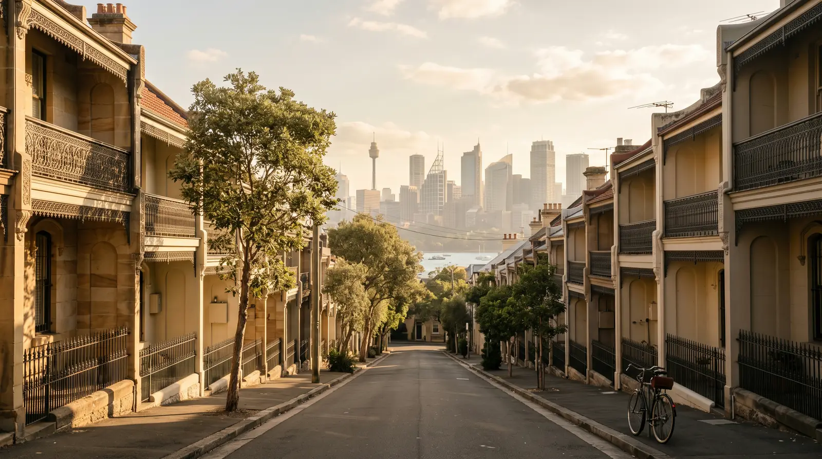 A quiet street of Victorian terraces with iron-lace balconies in late afternoon sun, running down towards the Sydney city skyline and the harbour