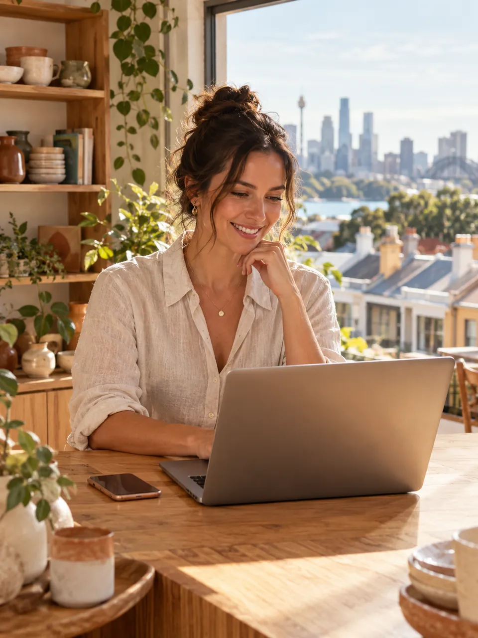 A smiling small business owner working on her laptop at a timber counter, with Sydney's skyline and Harbour Bridge visible through the window behind her