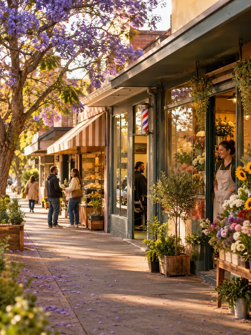 A sunny Western Sydney shopping street in jacaranda season, with a bakery, a barber and a florist, and a shop owner smiling in her doorway