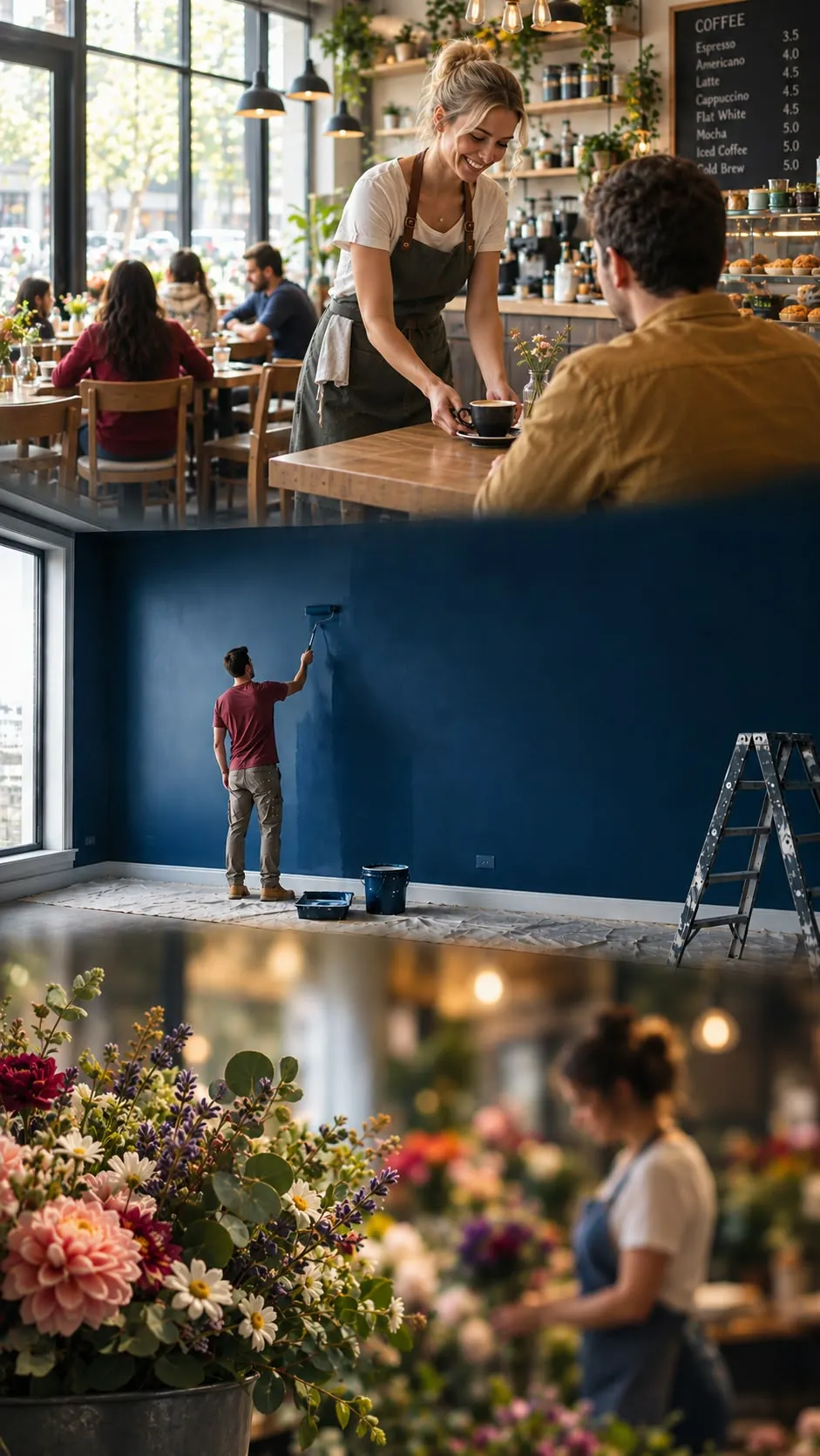 Three local businesses at work: a cafe owner serving a customer, a painter rolling a deep blue wall, and a florist arranging flowers